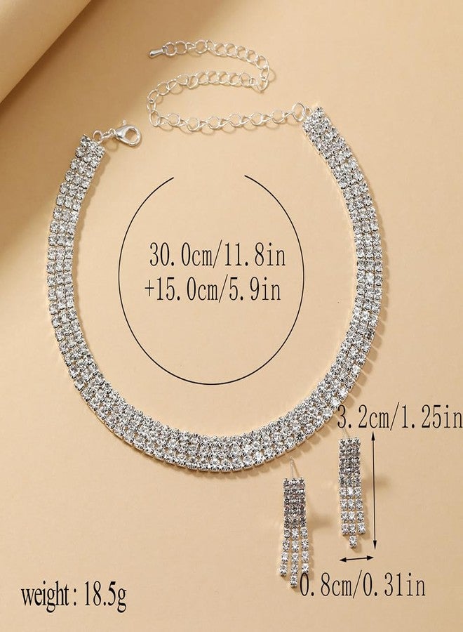PINCHUAN Rhinestone Choker Necklaces for Women Silver Diamond Choker and Earring Prom Jewelry Set for Women Sliver choker Necklace Bridal Jewelry for Wedding Prom jewelry Gift-style B - Image 2